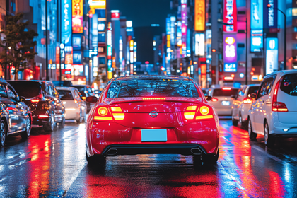 Red Car on City Street at Night