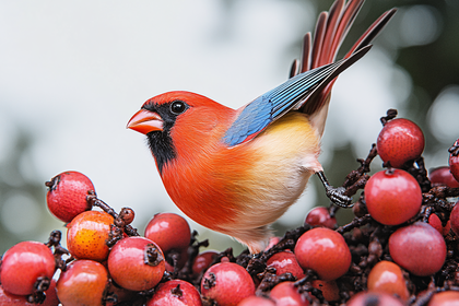 Red Cardinal Bird Perched on Berries