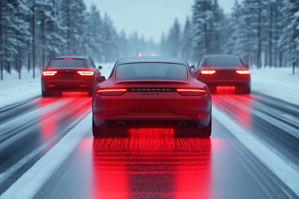Red Cars in Snowy Road