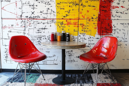 Red Chairs and Round Table with Abstract Wall Art