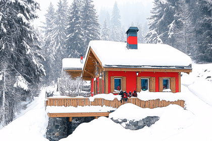 Red Chalet in Winter Snow
