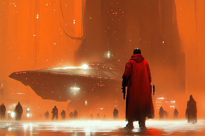 Red-Coated Figure on a Futuristic City