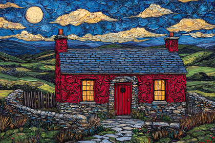 Red Cottage Under Moonlit Sky