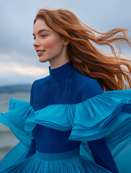 Red Haired Woman In Flowing Blue Dress