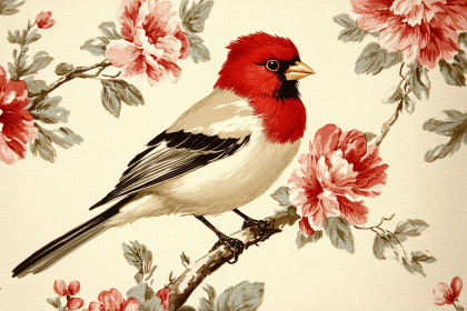 Red Headed Bird On Floral Branch