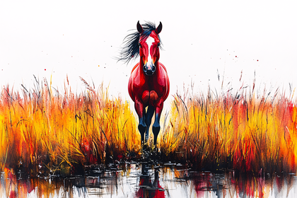 Red Horse Galloping Through Golden Grass Watercolor