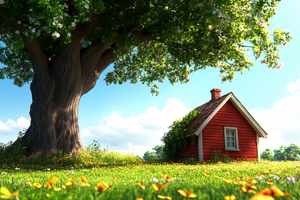 Red House Under Blooming Tree