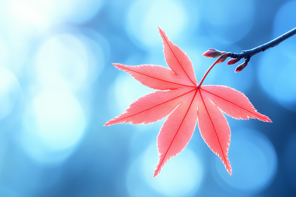 Red Maple Leaf On Blue Bokeh Background