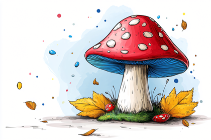 Red Mushroom with Autumn Leaves