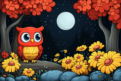 Red Owl in Autumn Night Scene