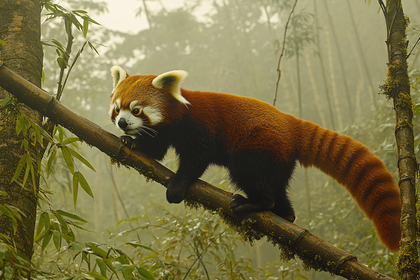 Red Panda Climbing Bamboo Branch