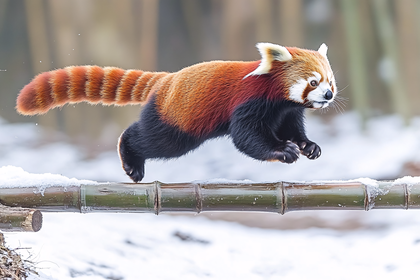 Red Panda Leaping Over Bamboo