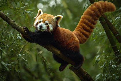 Red Panda On Bamboo Branch