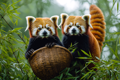 Red Pandas With Woven Basket
