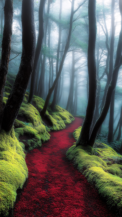Red Path in Misty Forest