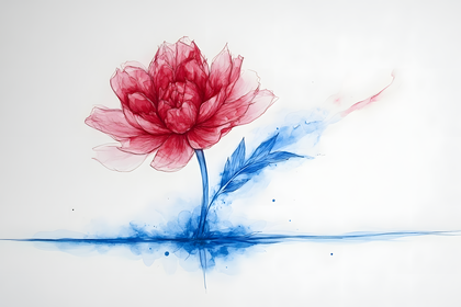 Red Peony with Blue Ink Wash