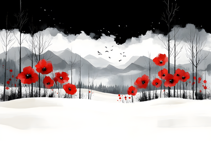 Red Poppies Winter Landscape