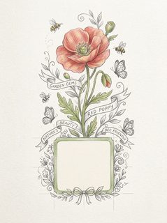 Red Poppy Flower Illustration With Bees And Butterflies