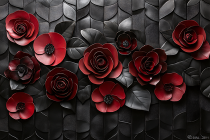 Red Roses And Poppies On Black Textured Background