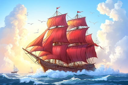 Red Sail Ship on High Seas