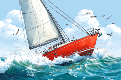 Red Sailboat in Ocean Waves