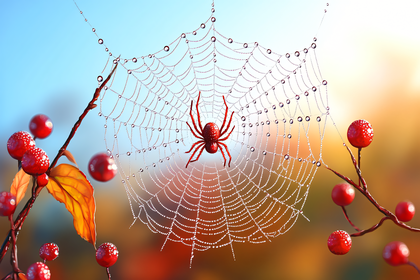 Red Spider in Dew-Kissed Web