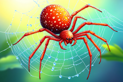 Red Spider in Web with Dew Drops