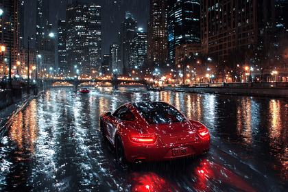 Red Sports Car in Rainy Cityscape
