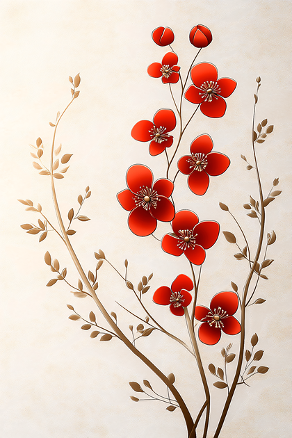 Red Stylized Flowers Branch