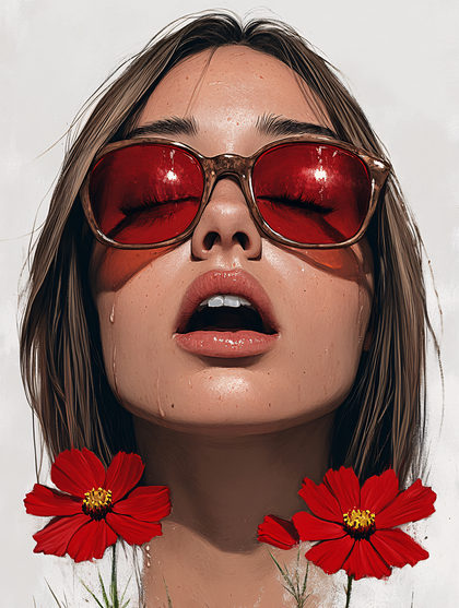 Red Sunglasses Portrait with Flowers