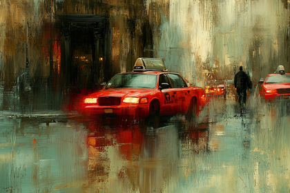 Red Taxi in Rainy City