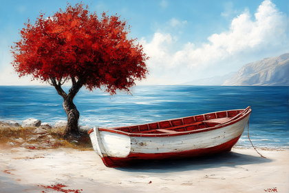 Red Tree and Boat on Beach