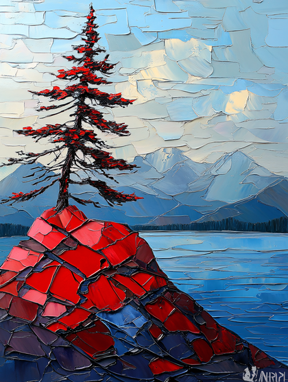 Red Tree on Rocky Hill Landscape Painting