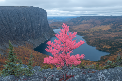 Red Tree Standing Tall in Autumn Landscape