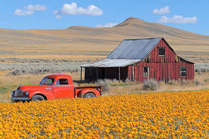 Red Truck by Old Barn in Field of Flowers