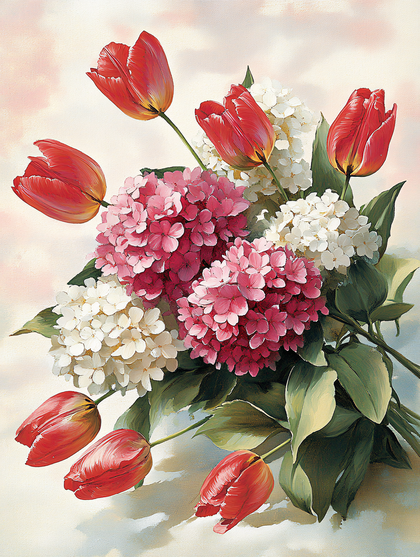 Red Tulips and Hydrangeas