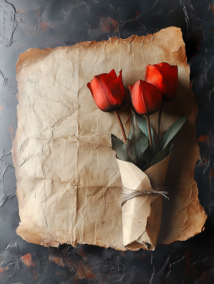 Red Tulips Bouquet On Aged Paper