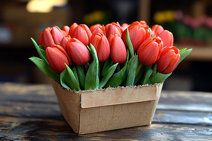 Red Tulips in Cardboard Box