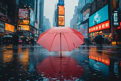 Red Umbrella in Rain in City