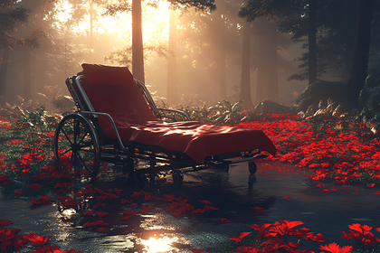 Red Wheelchair in Misty Forest