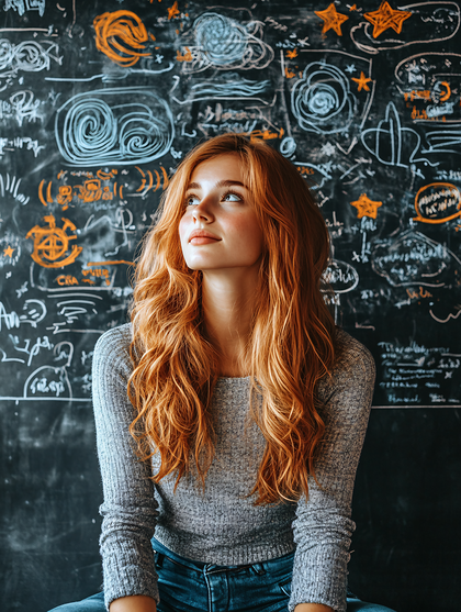 Red-Haired Woman and Chalkboard