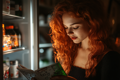 Redhead Reads Recipe in Refrigerator Light