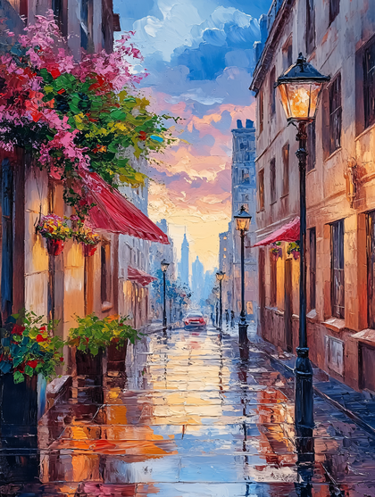 Reflective City Street at Dusk