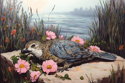 Resting Bird Among Wild Roses