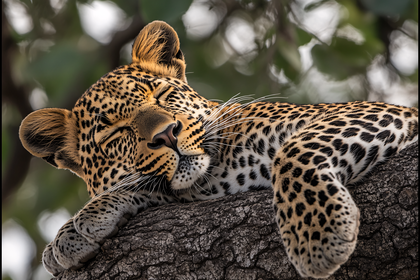 Resting Leopard On Tree Branch