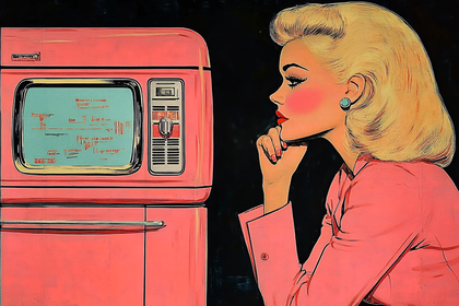 Retro Woman Watching Pink Television