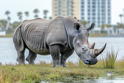 Rhinoceros Grazing By Water
