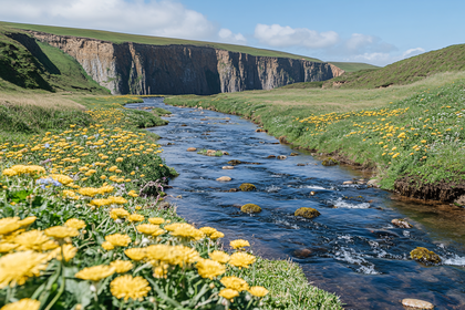 River Flowing Through Meadow with Cliffside