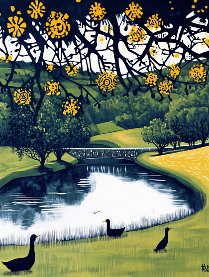 River Landscape with Ducks and Floral Canopy
