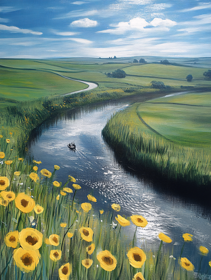 River Landscape With Yellow Flowers